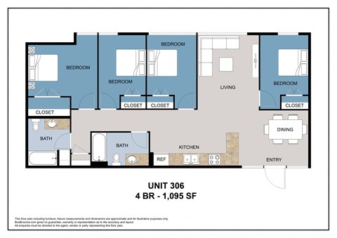 Floor plan for 4 beds, 2 baths, 1095 sqft